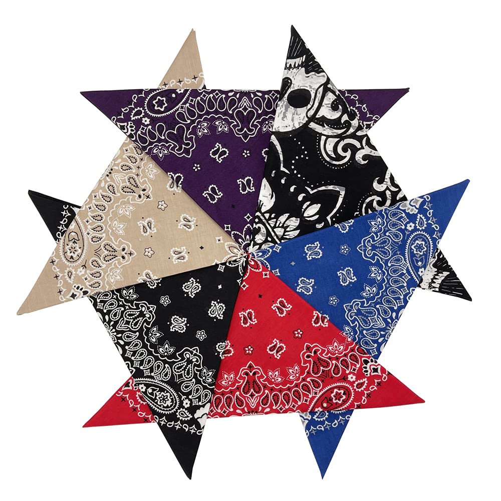 HankieWorld Bandanas 6&12 Pack Cotton 22inch Unisex Cowboy Kerchiefs(Assorted 4-6 pack)