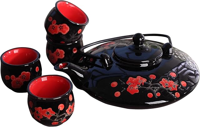 Panbado Kung Fu Tea Set - Chinese Ceramic Gongfu Tea Set Porcelain Teapot Gift Set with 1 Tea Pot, 1 Tea Strainer and 4 Tea Cup. Ideal Tea Infuser for Office Home, Patterned Plum, Black&Red