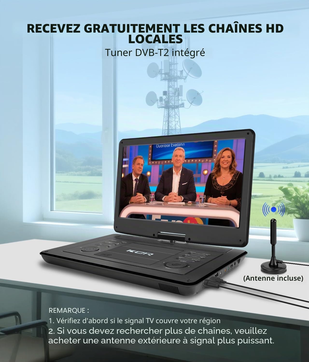 KCR Lecteur DVD portable 15,6 pouces écran LED DVB-T2 batterie rechargeable USB HDMI AV audio