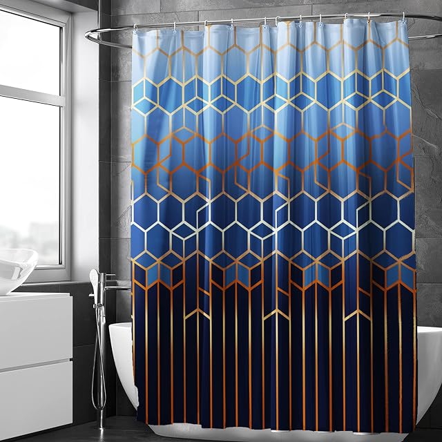 DJY Geometric Shower Curtain Mould Proof Resistant Washable Geometric Pattern Shower Curtains Polyester Fabric Bathroom Curtains with Plastic Hooks (Blue, 180x180cm)