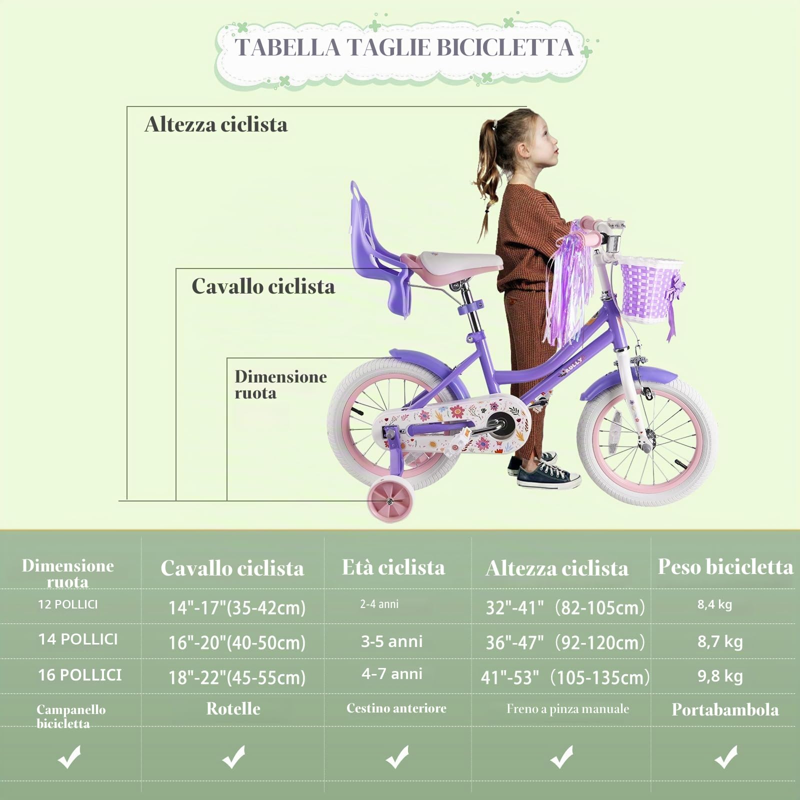 RULLY Bici da bambina 14" Daisy 3-5 anni – Bicicletta da bambino con ruote e cestino – Colore viola