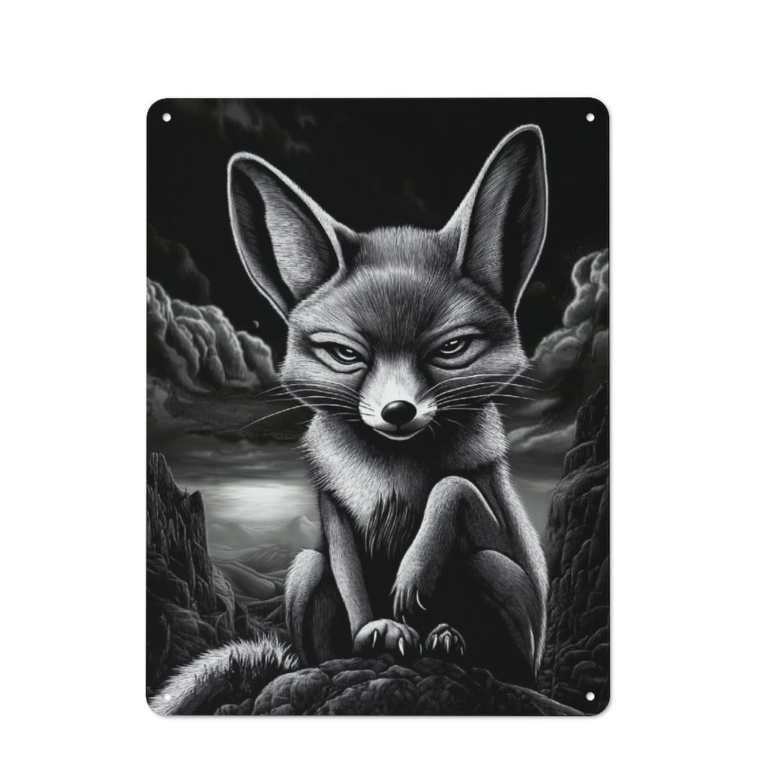 Junmoney Style Tin Sign 40X30cm With Fennec Fox In A Dark Landscape For Garage Wall, Vintage Decor, A Housewarming Gift For Fans Of Vintage Interiors