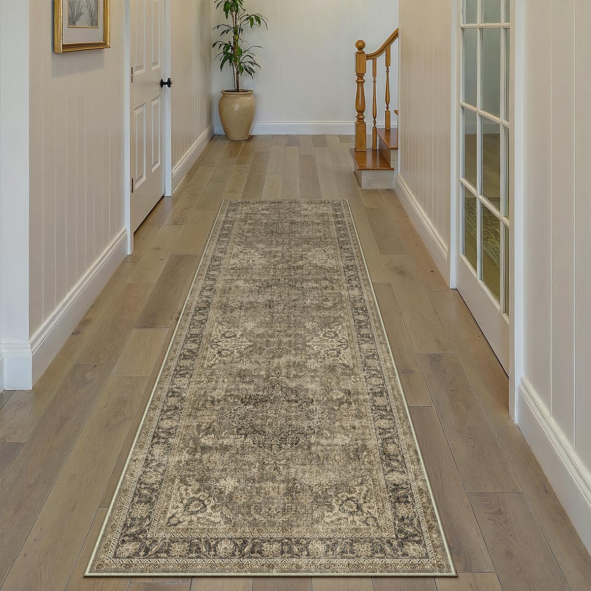 wondrg 3x8 washable brown runner rug vintage hallway kitchen carpet non-slip soft low pile distressed throw rug for bedroom bathroom laundry living room