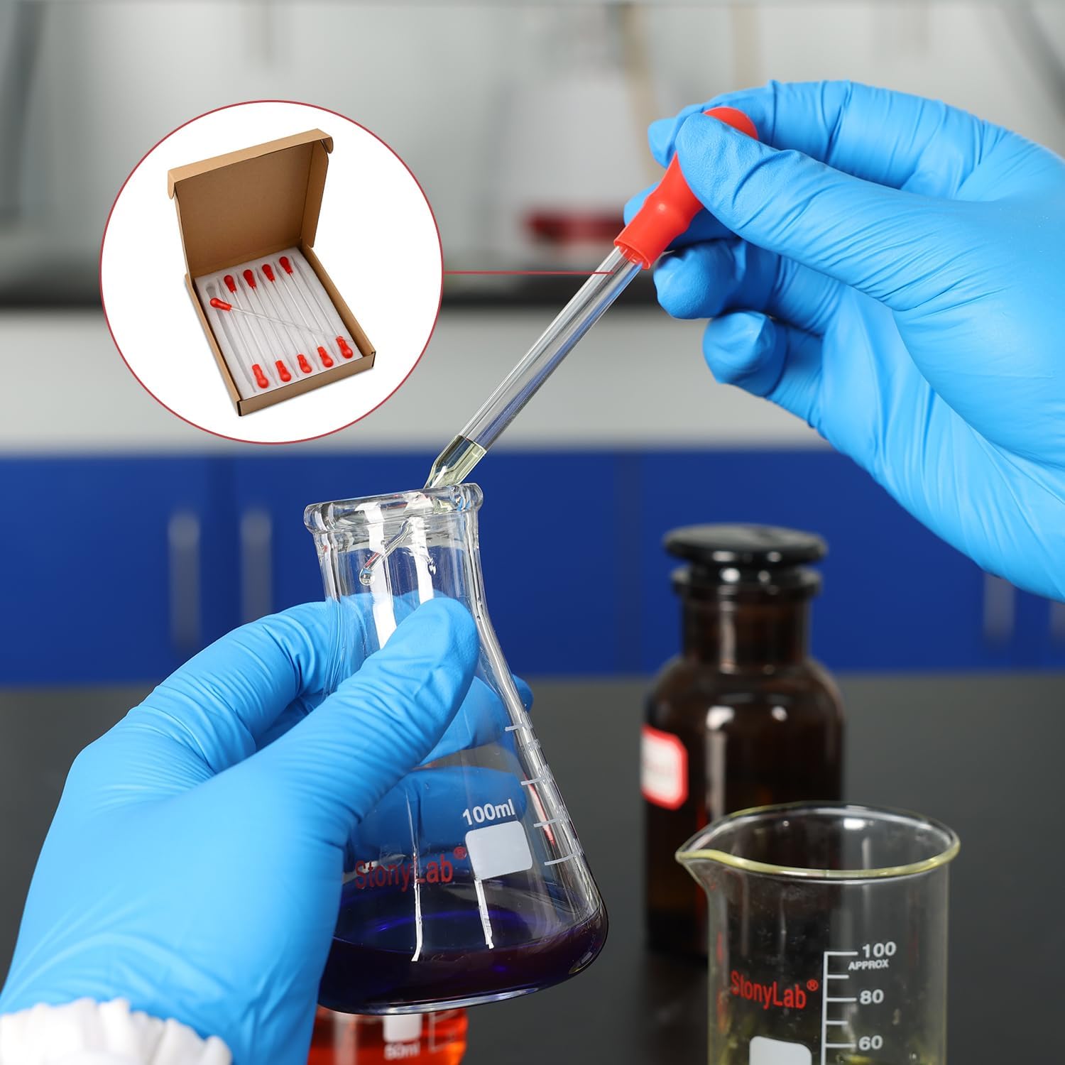 StonyLab Glass Dropper Pipettes Set, Thick Borosilicate Glass Dropping Pipettes Liquid Transfer Set with Red Rubber Caps for Lab, Set of 10 (Graduated 0.5ml, 1ml, 2ml; Non-Graduated 1ml, 3ml)