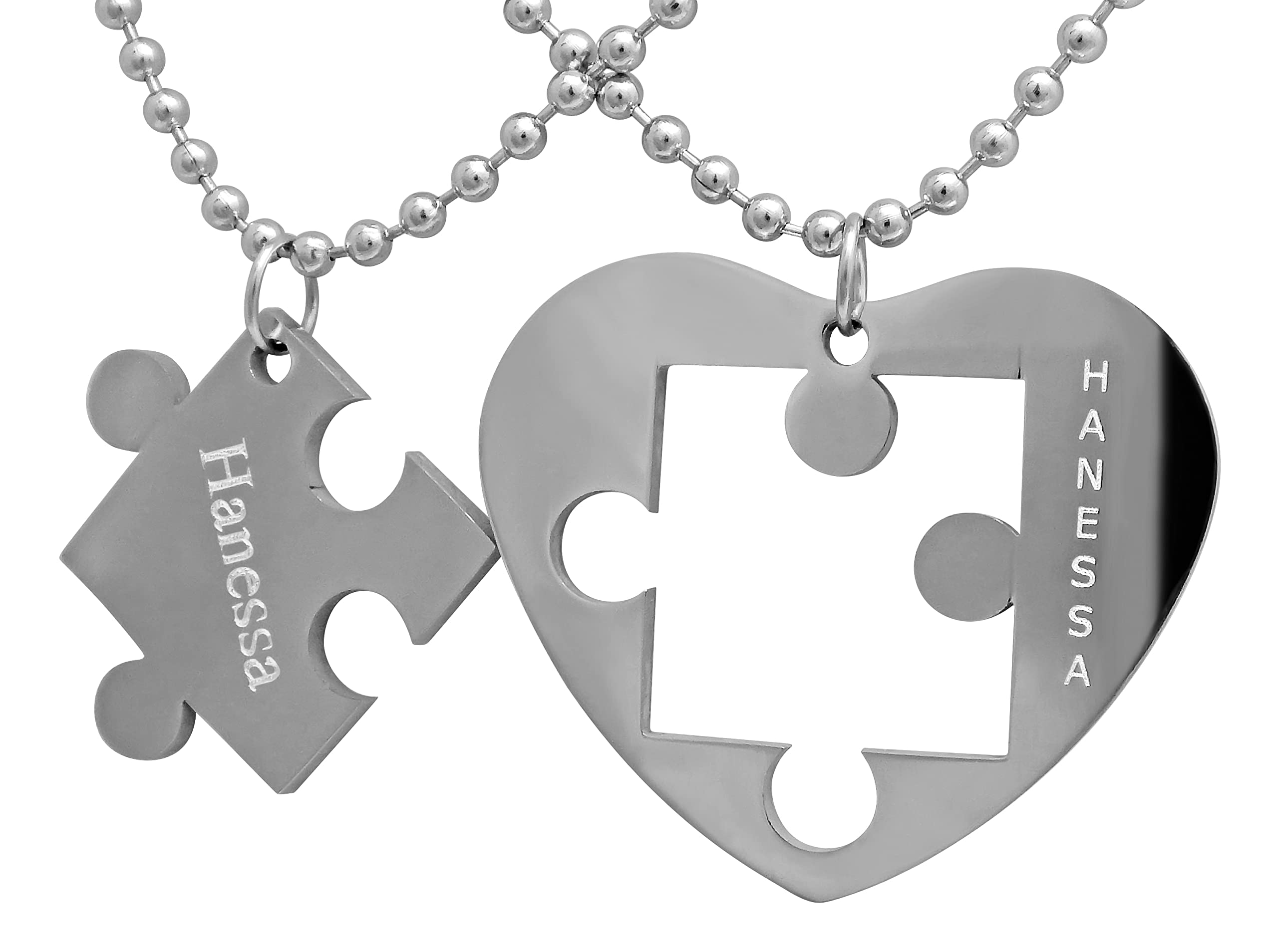 2 Stück Personalisierte Kette mit Gravur Edelstahl 60 cm mit Anhänger Herz Puzzle in silber - Personalisierte Geschenke für Damen Herren Freundin Freund - Partner Halskette für Sie und Ihn