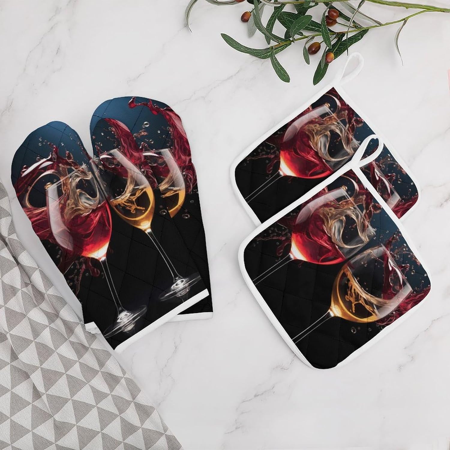 Red Wine 4 Pcs Oven Mitts and Pot Holders Set High Heat Resistant Long Kitchen Oven Glove Potholders