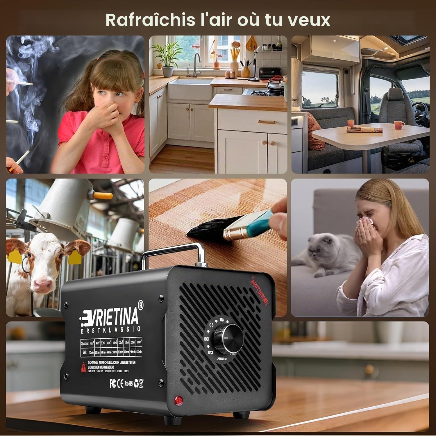 Générateur d'Ozone Domestique 65000 mg/h, 35db 150w Machine à Ozone pour Purification de l'Air et Élimination des Odeurs Dispositif d'Ozone Portable O3 pour Bureau, Salle de Bain, Maison, Voiture