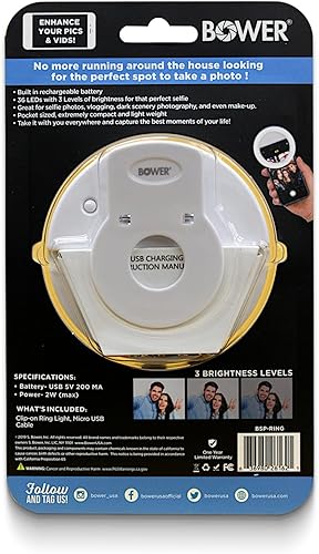 Miniatura 3 de Bower Anillo de luz con clip para teléfono  36 LED ultra amplio rango recargable selfie luz con 3 niveles de brillo  ideal para fotos de selfies,