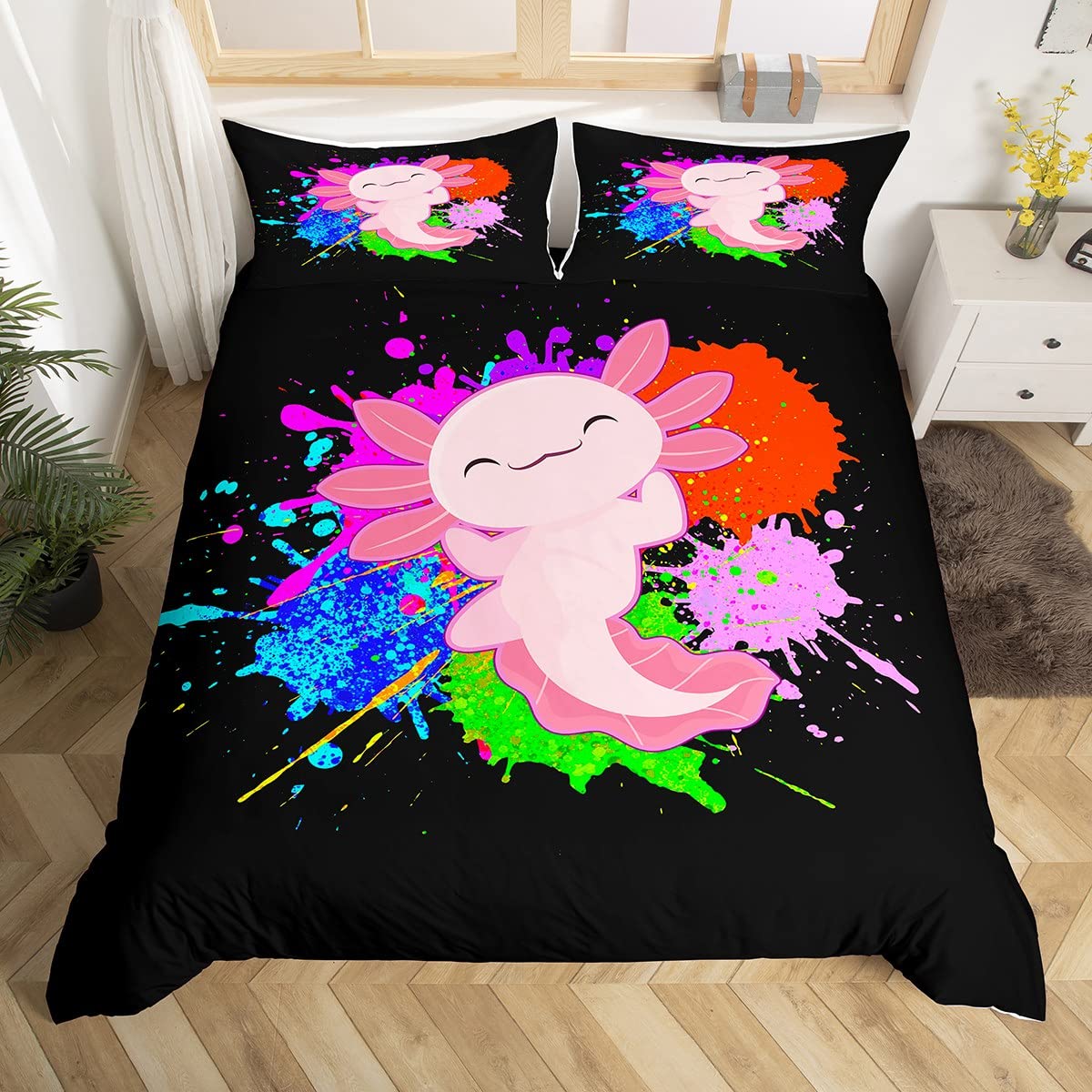 Housse de couette axolotl rose avec deux taies d'oreiller pour lit enfant