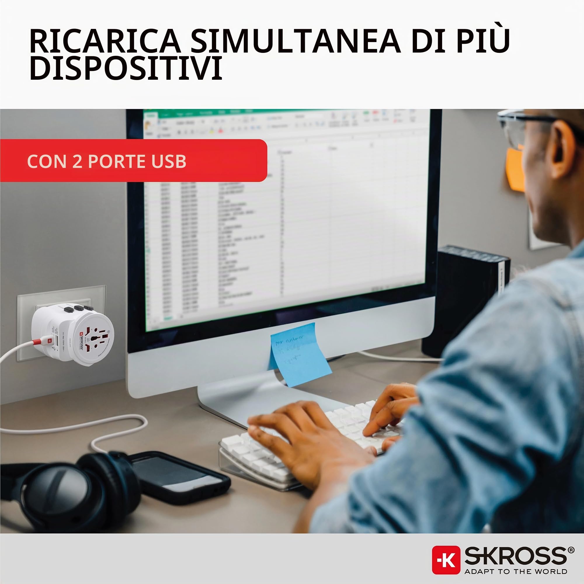 SKROSS - Adattatore da viaggio - World to Europe - con spina di terra (senza Svizzera e Italia) + 2xUSB 2400 mA