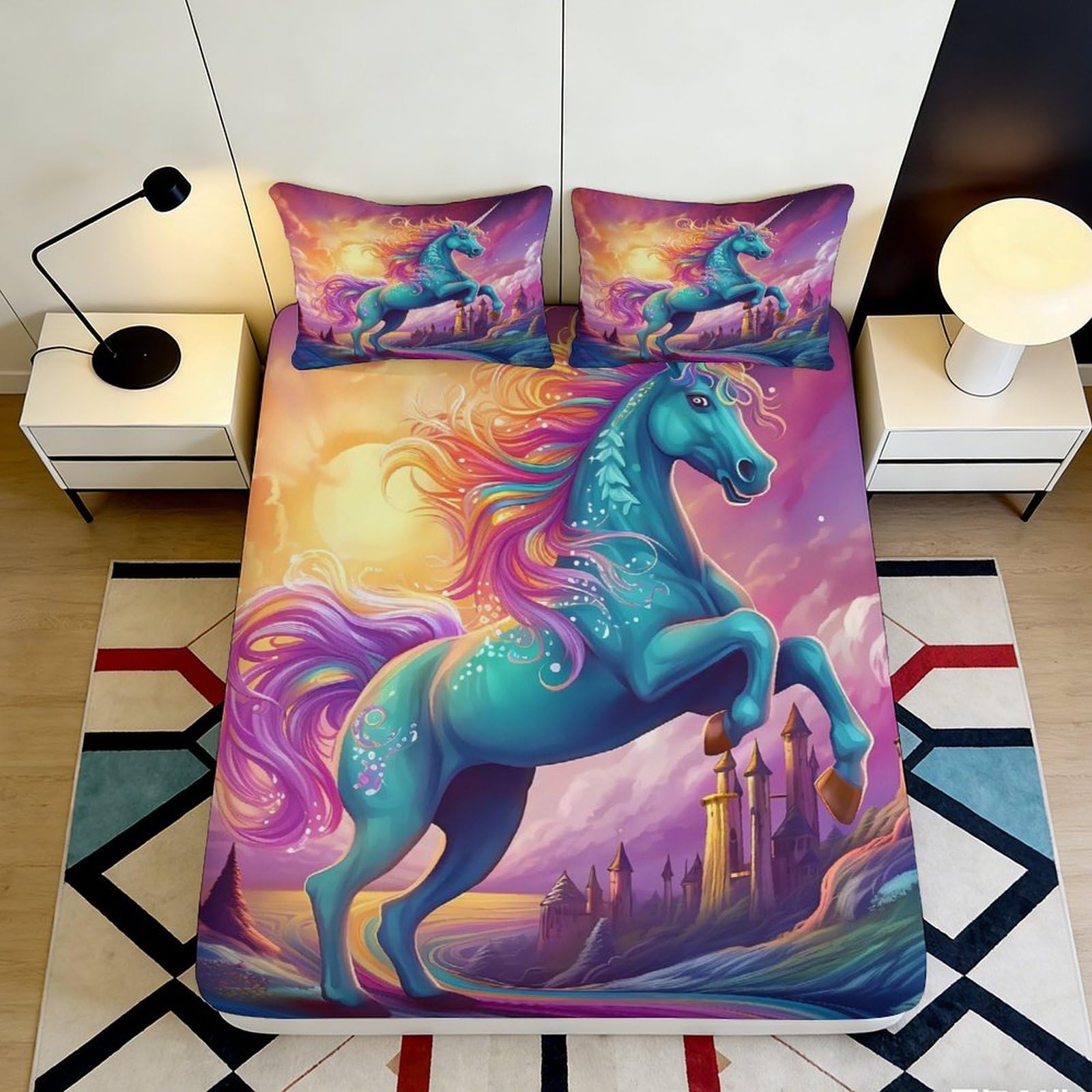 Pnayamiorkfel Style-4 3D Printed Fantasy Unicorn Fitted Sheet Microfiber Colourful Castle Mattress Cover Bedroom Decor Dustproof Washable 90X200x25cm