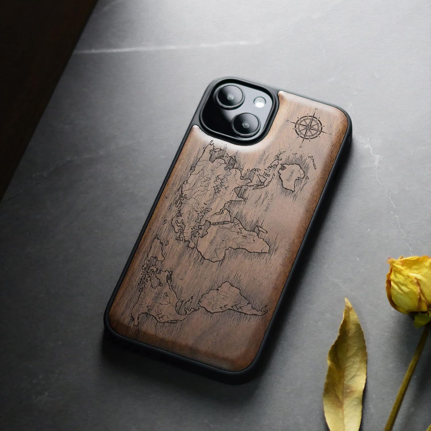 Carveit Magnetic Wood Case for iPhone 13 Case [Natural Wood & Black Soft TPU] Unique & Classy Wooden Shockproof Protective Cover Compatible with magsafe (Compass Maps -Walnut)