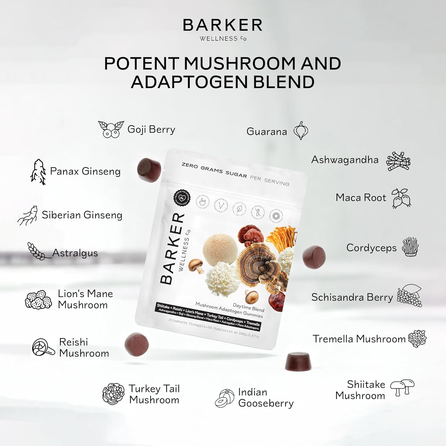 Barker Wellness Daytime Sugar-Free Adaptogen Mushroom Gummies - Lion's Mane, Cordyceps, Reishi & Shiitake | Vegan, Immune System Support, Natural Energy, Enhanced Focus & Mood for Adults | 60 Count - Image 6