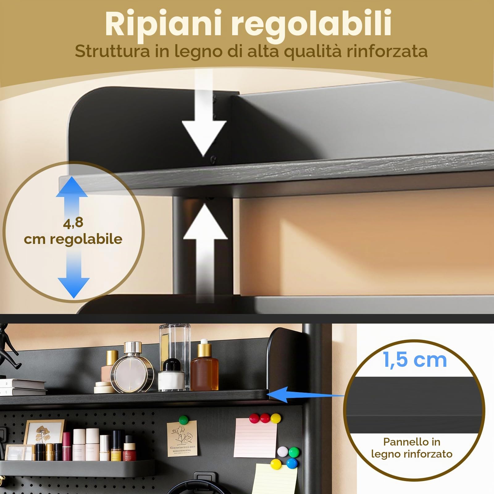 Scaffale da scrivania a 2 ripiani, 100 cm, con pannello forato | Scaffale organizer da scrivania per accessori, altezza regolabile, per casa, ufficio o dormitorio