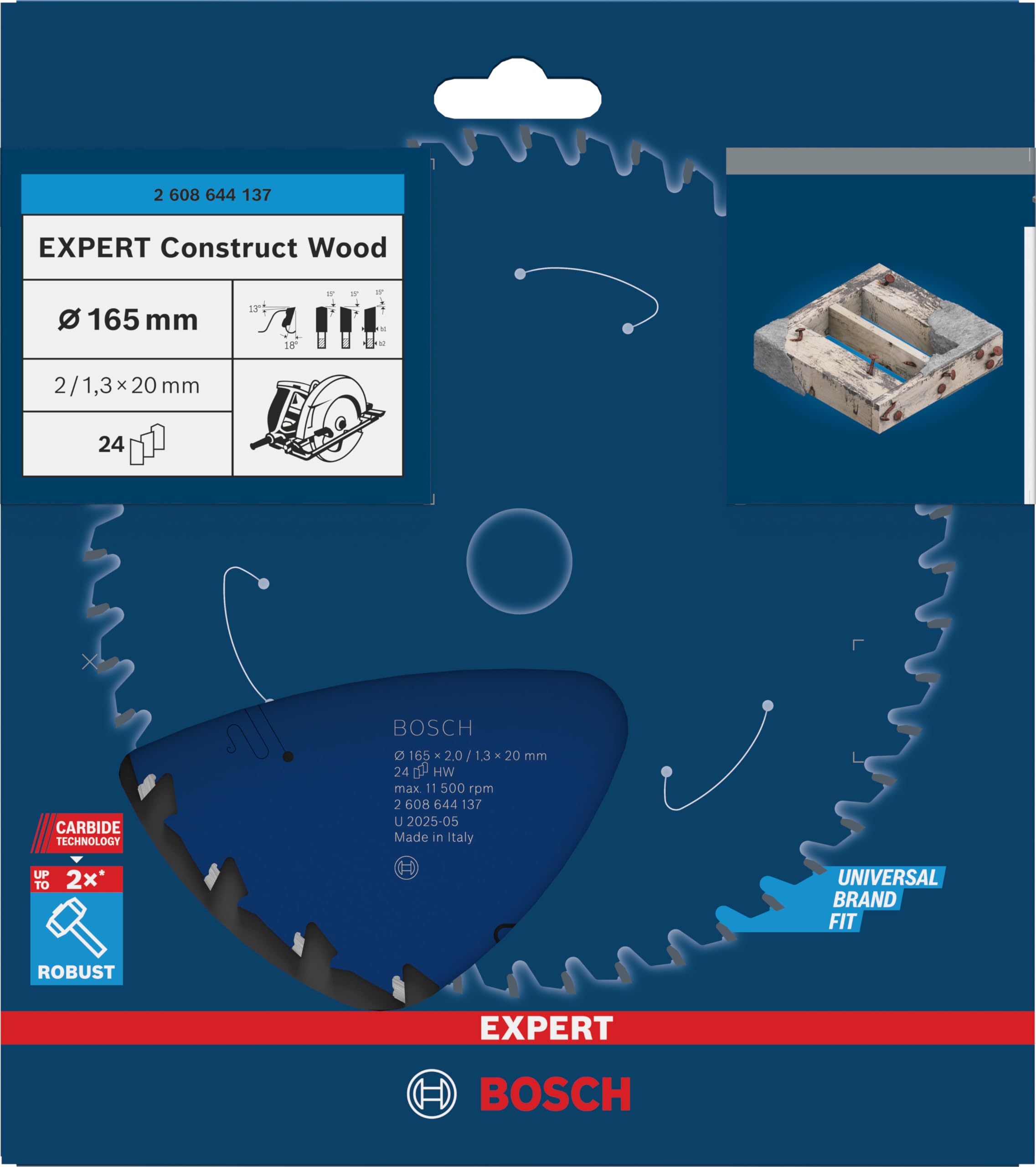 Bosch Professional 1x Kreissägeblatt Expert for Construct Wood (Holz, Sägeblatt Ø 165 x 20 mm, 24 Zähne, Zubehör Kreissäge)