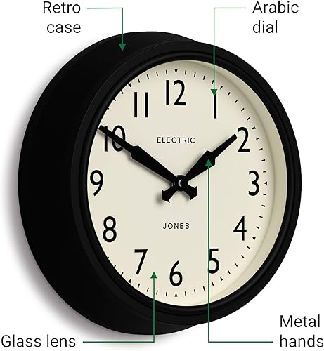 Miniatura 6 de JONES CLOCKS Reloj de pared Telecom Reloj redondo retro vintage 10.5 pulgadas Negro Versión moderna de un clásico vintage para cocina, sala de