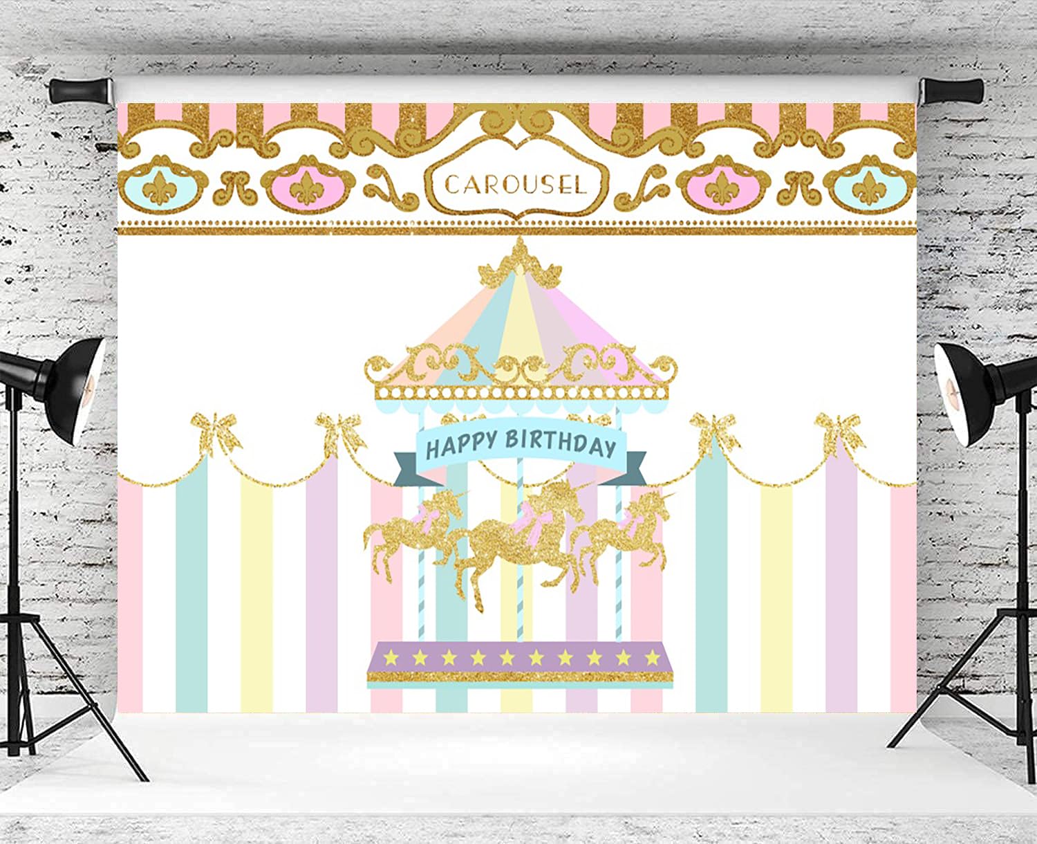 2,4 x 1,8 m Carousel Happy Birthday sfondo rosa striscia tenda oro giostra sfondo fotografia bambina 1 ° compleanno torta decorazioni tavolo forniture foto puntelli