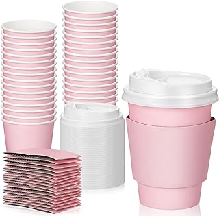 48 Pcs 12 oz Disposable Coffee Cups with Lids and Sleeves Bulk, Insulated Paper Cups Hot Chocolate Cups for Hot and Cold Beverage Water Juice Cocoa Tea Party Restaurants Travel Supplies (Pink)