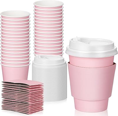 48 Pcs 12 oz Pink Disposable Coffee Cups with Lids and Sleeves Bulk, Insulated Paper Cups Hot Chocolate Cups for Hot and C...