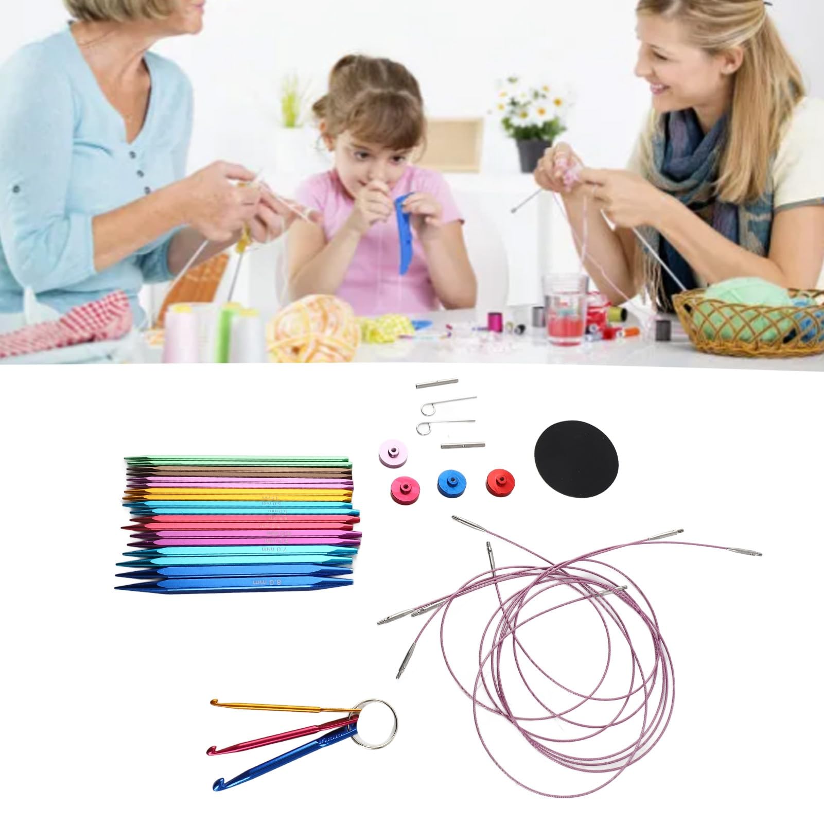 Juego de 9 pares de agujas circulares para tejer, agujas cuadradas de aluminio intercambiables de 3,5 a 8 mm con cables de 40 a 100 cm para mantas, bufandas y suéteres.