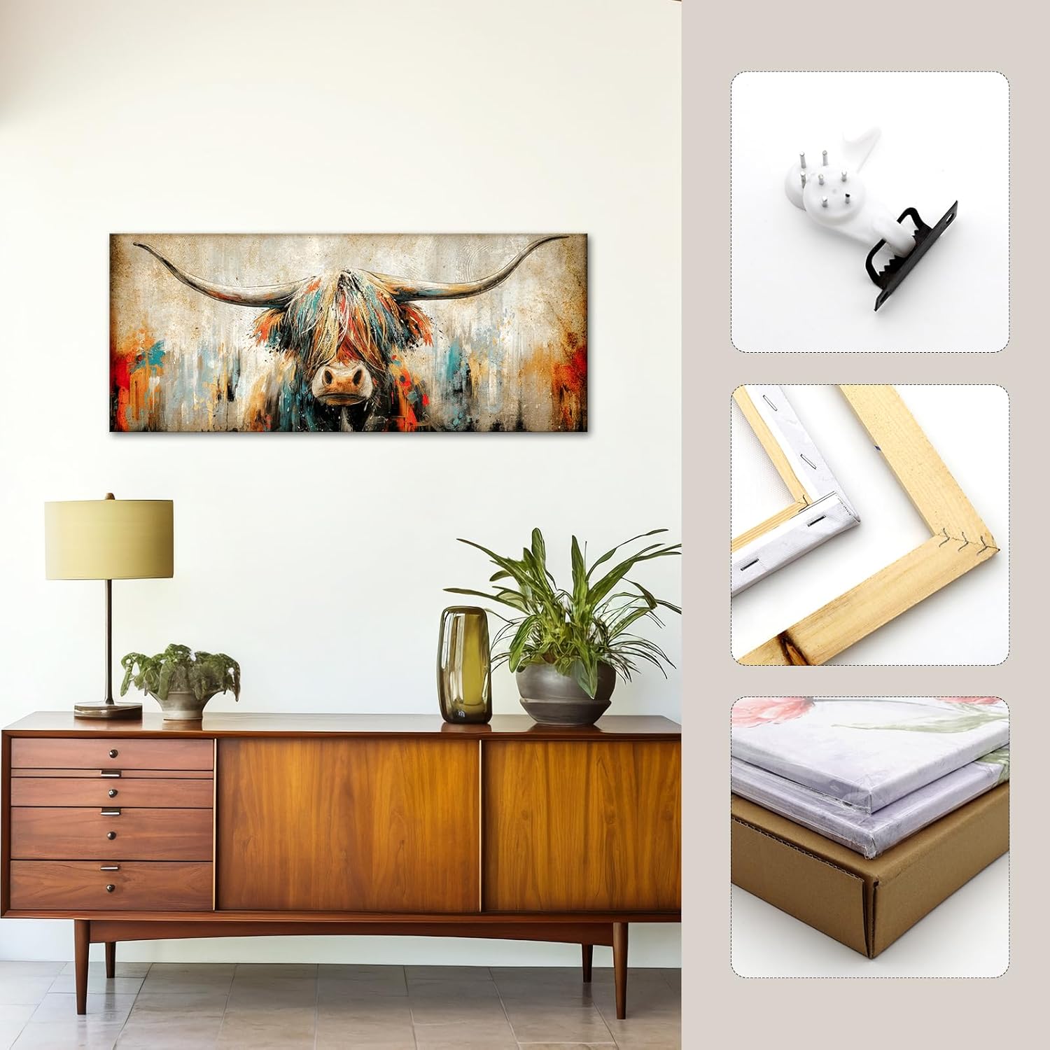 sechars Highland Cow Wall Art Abstract Colorful Bull Print Large Farmhouse Animal Decor 20"x48"