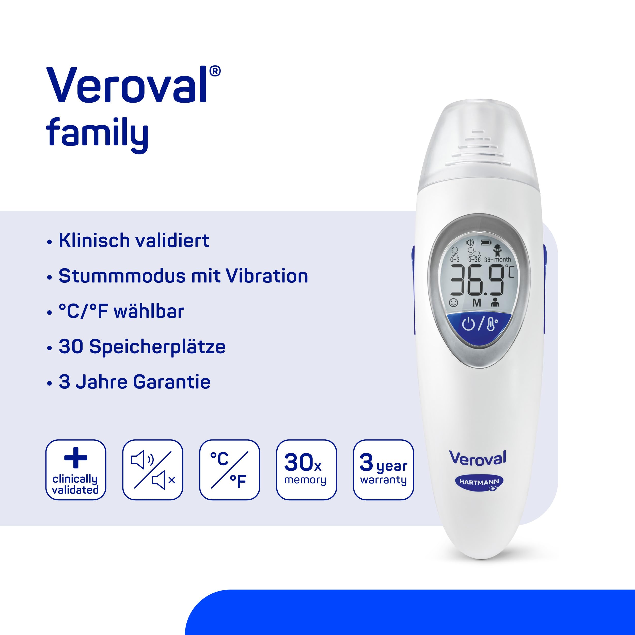 Veroval family Infrarot-Fieberthermometer, Ohr-, Stirn- und Objektmessung