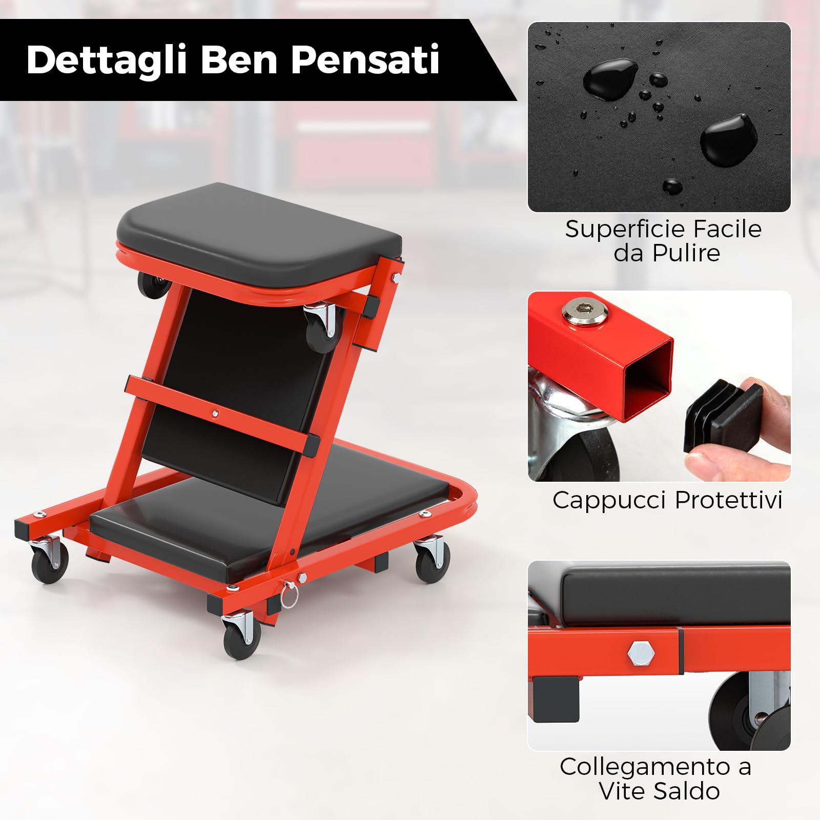 COSTWAY 2 in 1 Sgabello da Officina a Forma di Z, Carrello Meccanico sotto Auto con Sedile Imbottito e Ruote Girevoli a 360°, Portata 160 kg, per Garage e Officina (Nero)
