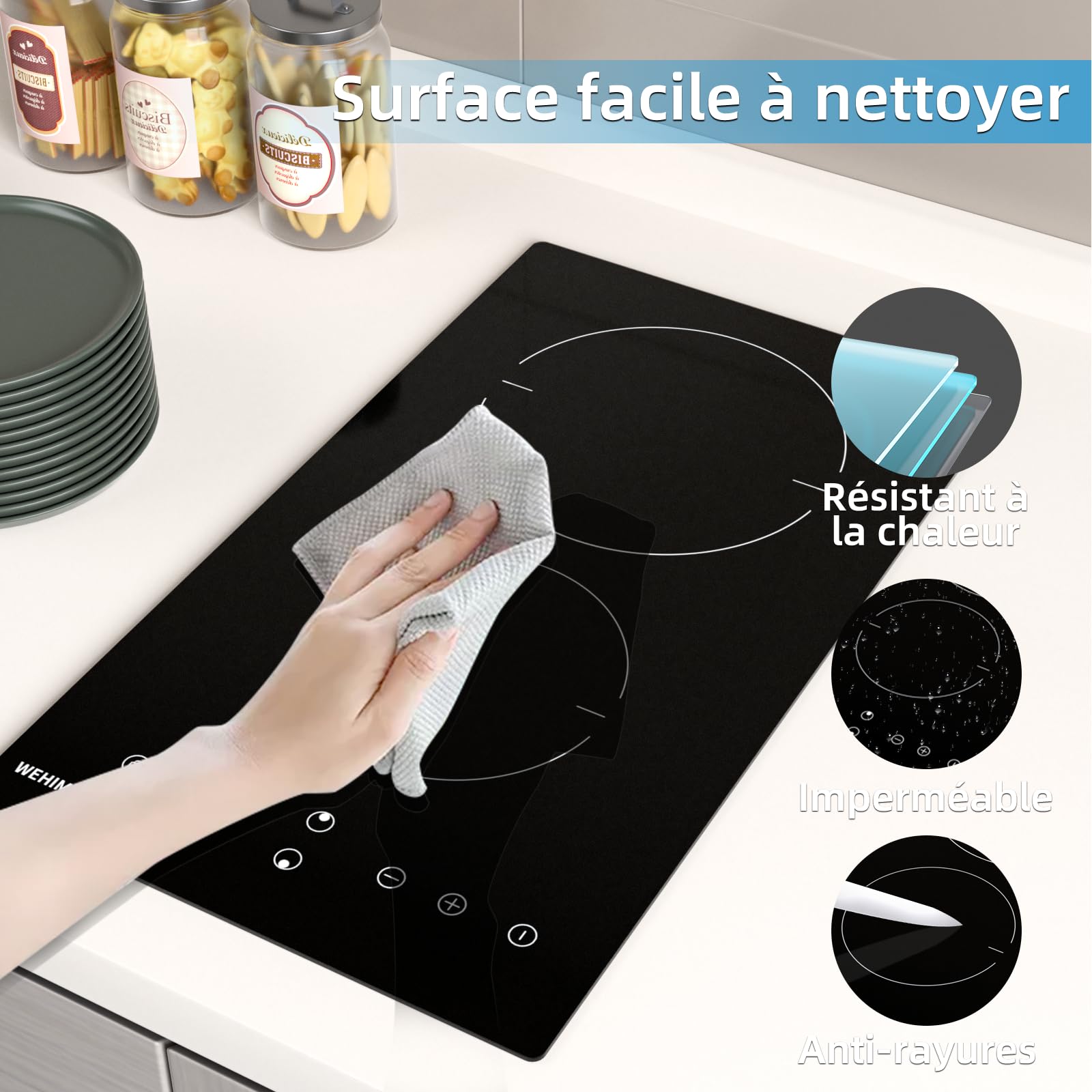Plaque Vitrocéramique 2 Feux, WEHIMO Plaque de Cuisson Electrique 3000W, Commande Tactile, Minuteur, Compatible Tous Poêlons, 29cm