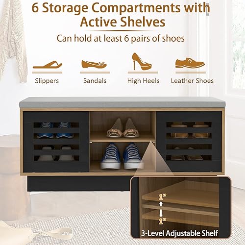 Miniatura 5 de Giantex Banco de almacenamiento de zapatos de entrada, zapatero con cojín de asiento y 6 compartimentos de almacenamiento, 2 puertas correderas y 3