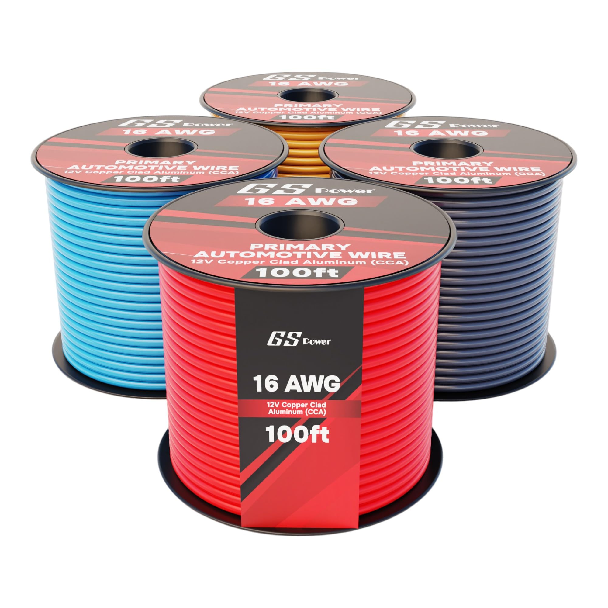 GS Power 400ft CCA 16 Gauge Wire Automotive, 100ft Spool-4 Colors, 16 AWG 12v Low Voltage, Speaker Electrical Wire Low Voltage Primary for Car Stereo Audio Trailer Harness Hookup Wiring LED Light DIY