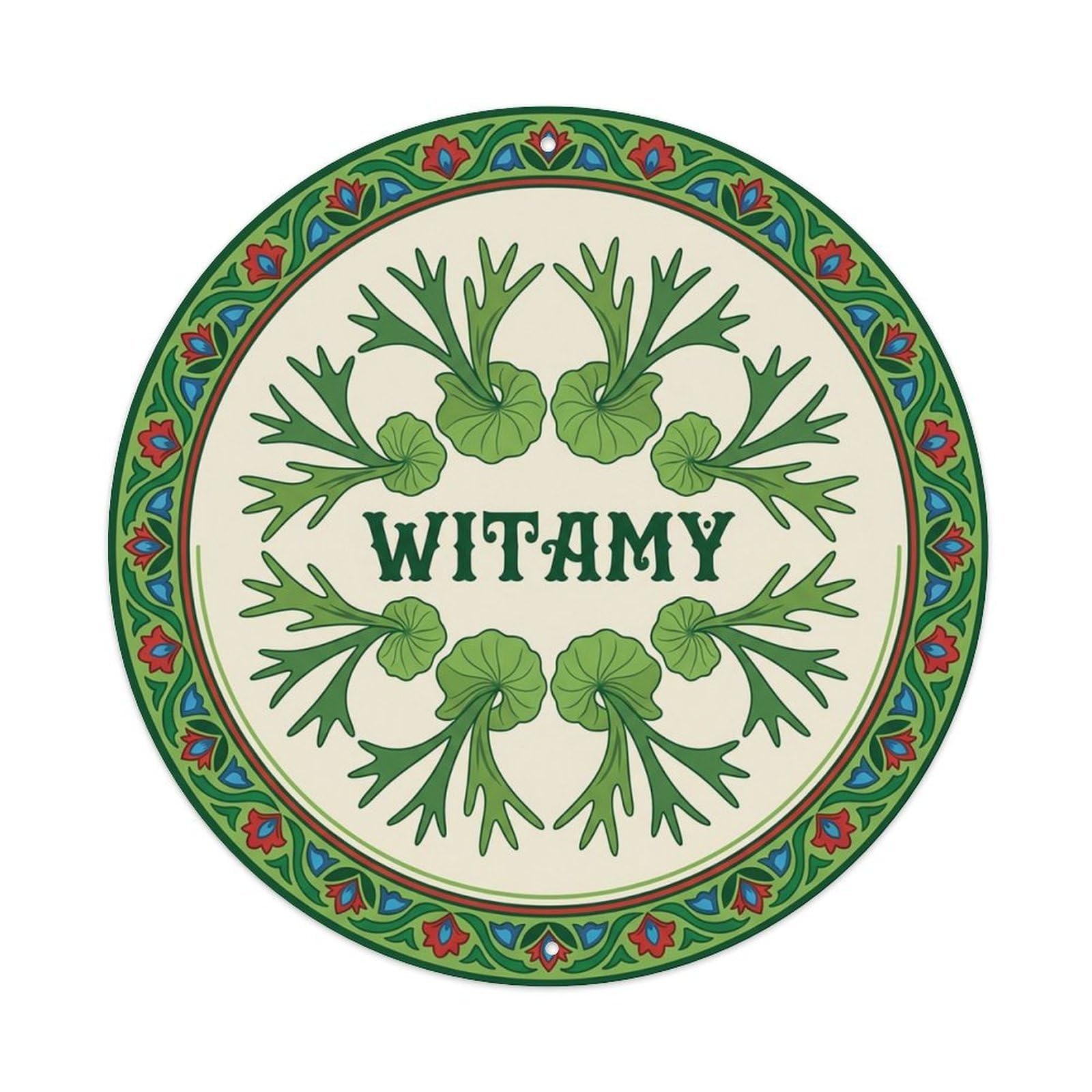 Vintage Polish Folk Art Witamy Welcome Staghorn Fern Metal Tin Sign