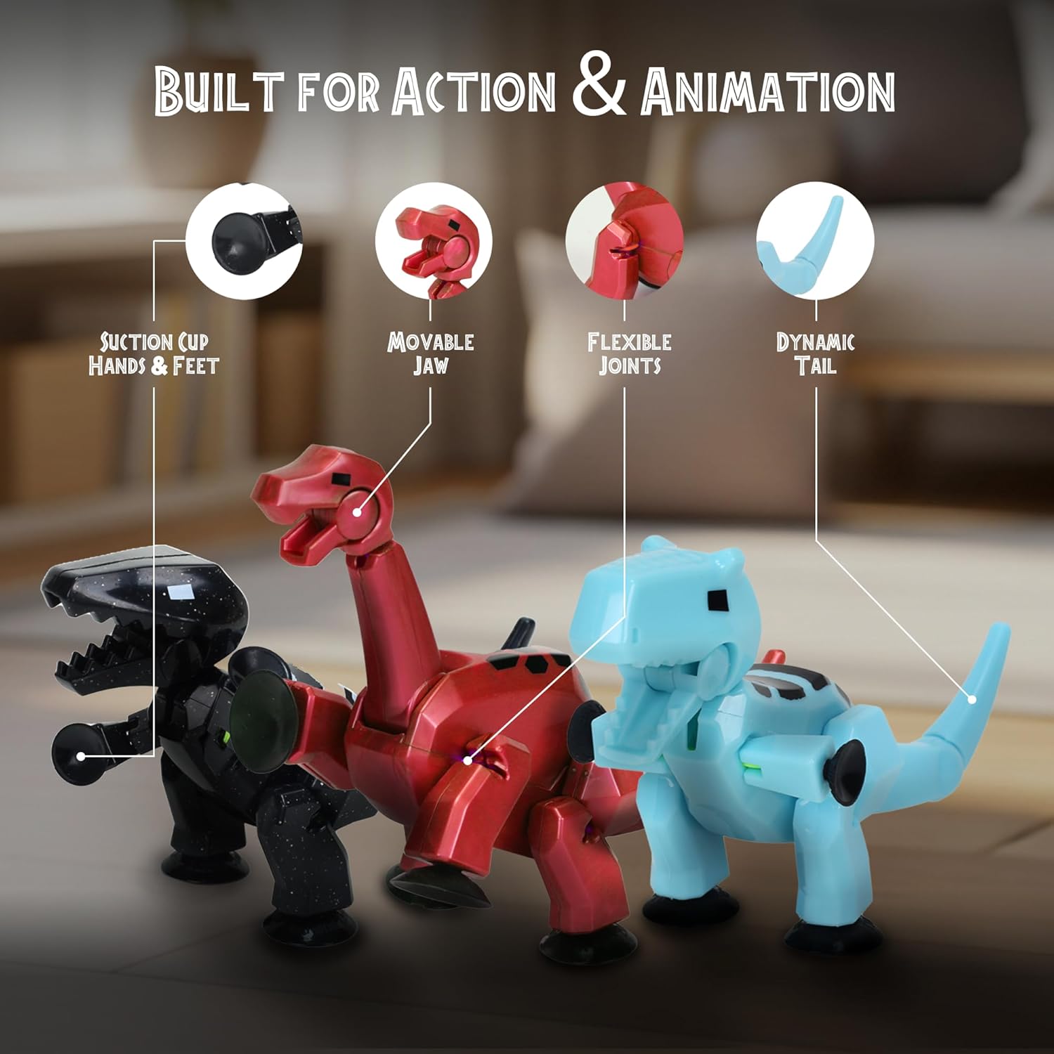 Zing Stikbot MEGA Dino 3 Pack - Includes Brontosaurus, T-Rex, and Carnotaurus, Create Stop Motion Animation, for Ages 4 and Up (Ice Blue, Space Black, Metallic Red)