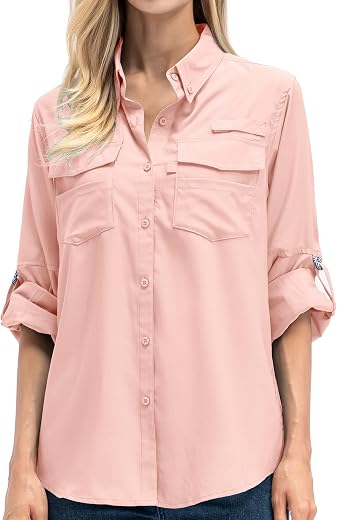 Women's Long Sleeve Fishing Shirt UPF 50+ for Safari Camping Travelling Quick Dry F5026,Pink,L