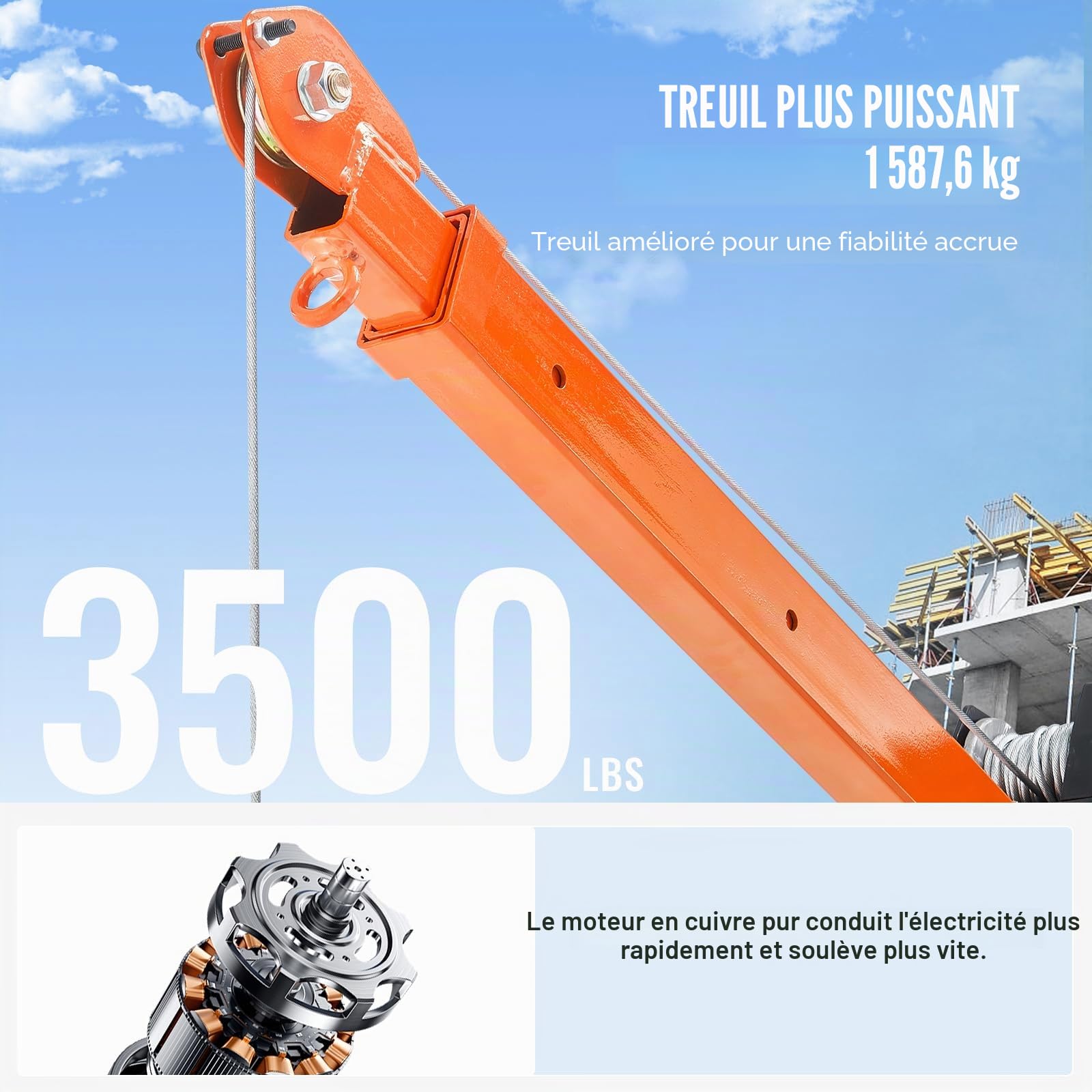 VEVOR Grue de levage électrique pour camionnettes, 499 kg, grue montée sur attelage avec treuil électrique de 1587 kg, en acier, pivotante à 360°, pour levage de marchandise dans construction, usine