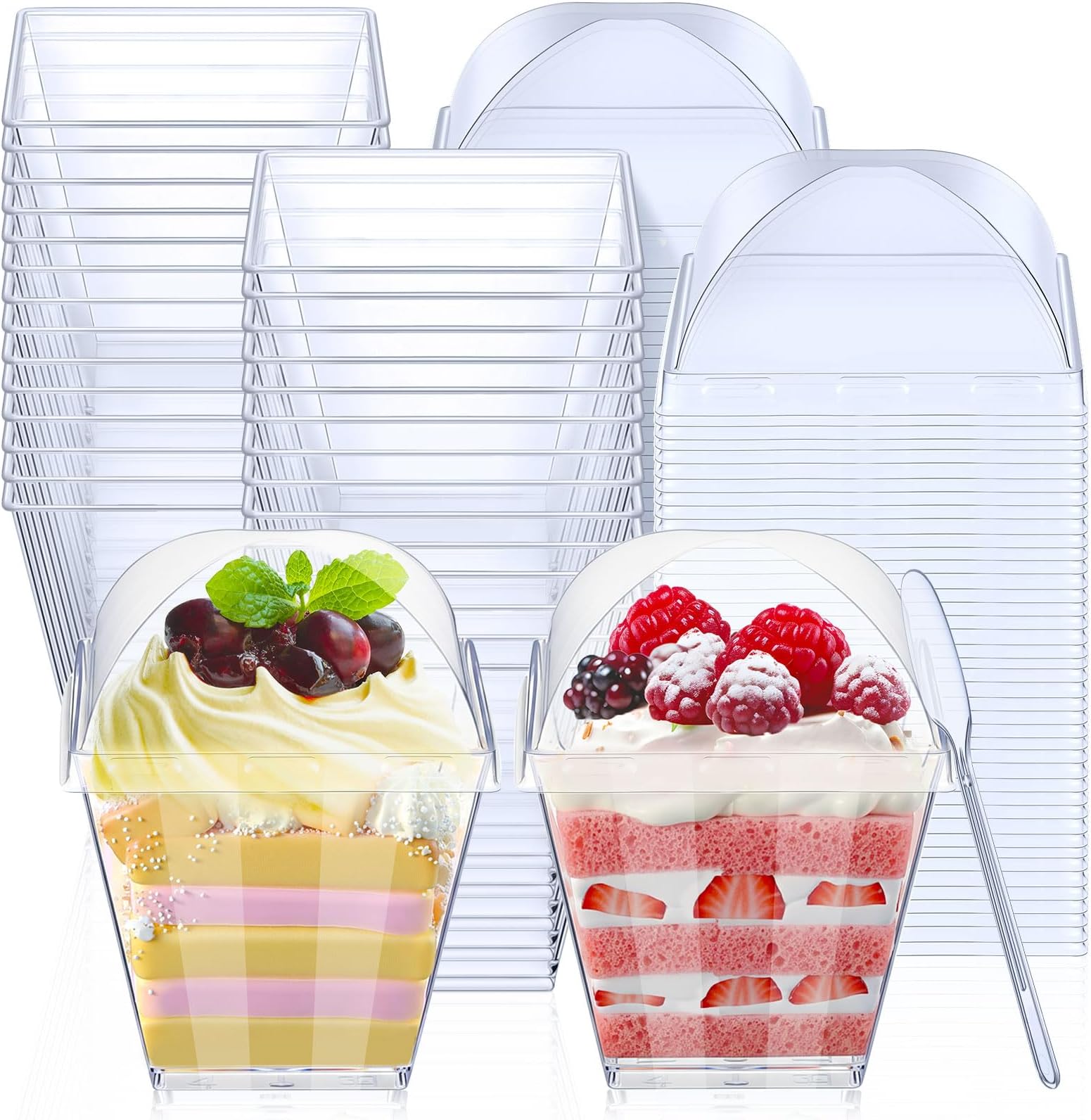 CHENGU 150 Set 7 Oz Square Dessert Cups Clear Plastic Cups with Lids and Spoons Disposable Dessert Tumbler for Parfait Ice Cream Appetizers Puddings Fruit Mousse Party Supplies(Arch Cover)