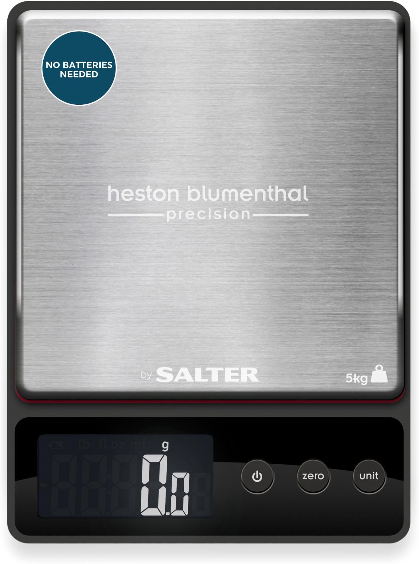 Heston Blumenthal Precision 1140A HBBKDR Digital Kitchen Scales - Premium Compact Baking/Cooking Scale, for Weighing Food/Coffee and Liquid, 0.5 g Increments, Slim, Stainless Steel/Black | Stainless Steel Platform, Add And Weigh Tare Function, Aquatronic Liquid Measuring, Backlit Display, Slim Square Design