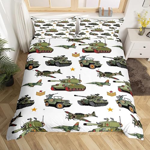 Miniatura 5 de Manfei Juego de funda de edredón con temática de guerra, tamaño individual, juego de ropa de cama de tanques de aviones de 2 piezas para decoración