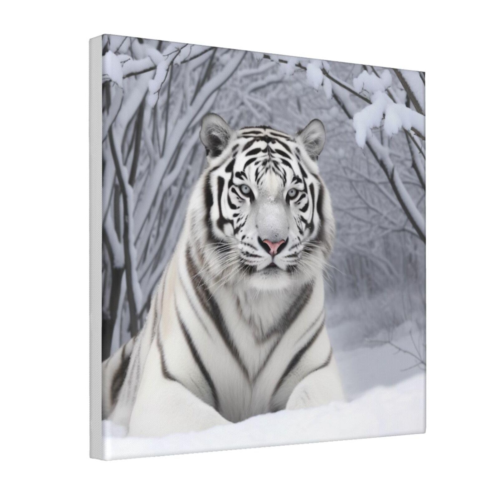 Ykljg White Tiger In Snow Printed Canvas Wall Art 40X40 Cm - Square Decorative Artworks Pictures Print Painting Framed Artwork For Bedroom, Living Room & Office