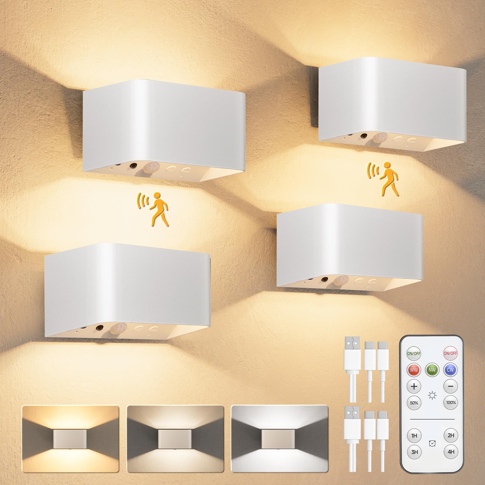 NIORSUN Wandleuchte Innen Akku mit Bewegungssensor, Wandlampe Akku mit Fernbedienung, 3 Farben Wiederaufladbare LED Wandlampe Batteriebetrieben, 5000mAh Wandlicht für Schlafzimmer, Wohnzimmer White