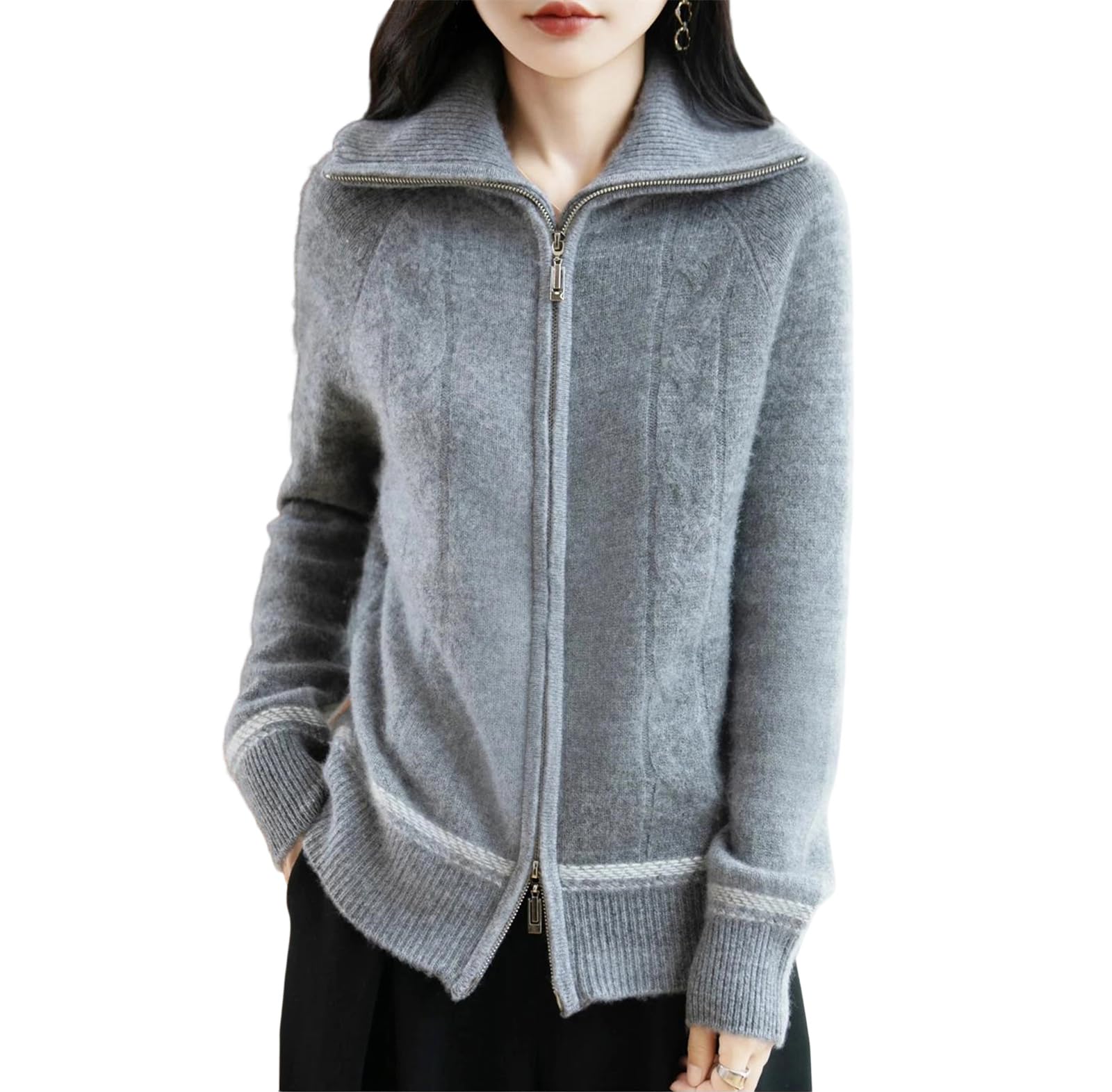 WomenS Wool Loose Knit Cardigan Double Zipper Turn Down Collar Lazy Style Soft Warm Fall Winter Top