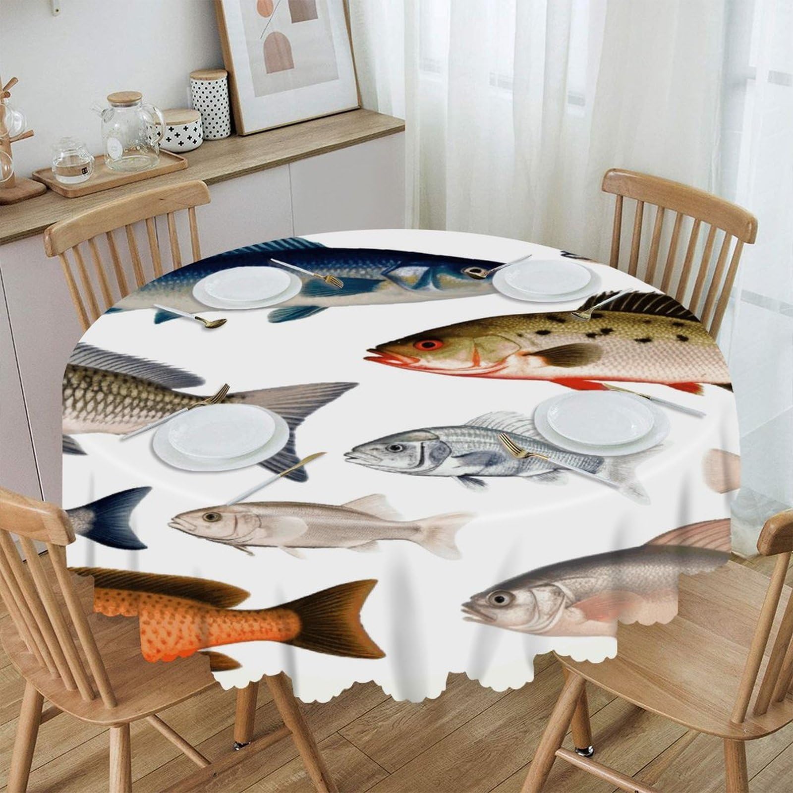 FekiLoot Different Fish Round Tablecloths 60 Inch Resistant Washable Polyester Table Cloth Style Decorative Circle Fabric Table Cover for Dining Kitchen Party Farmhouse Outdoor