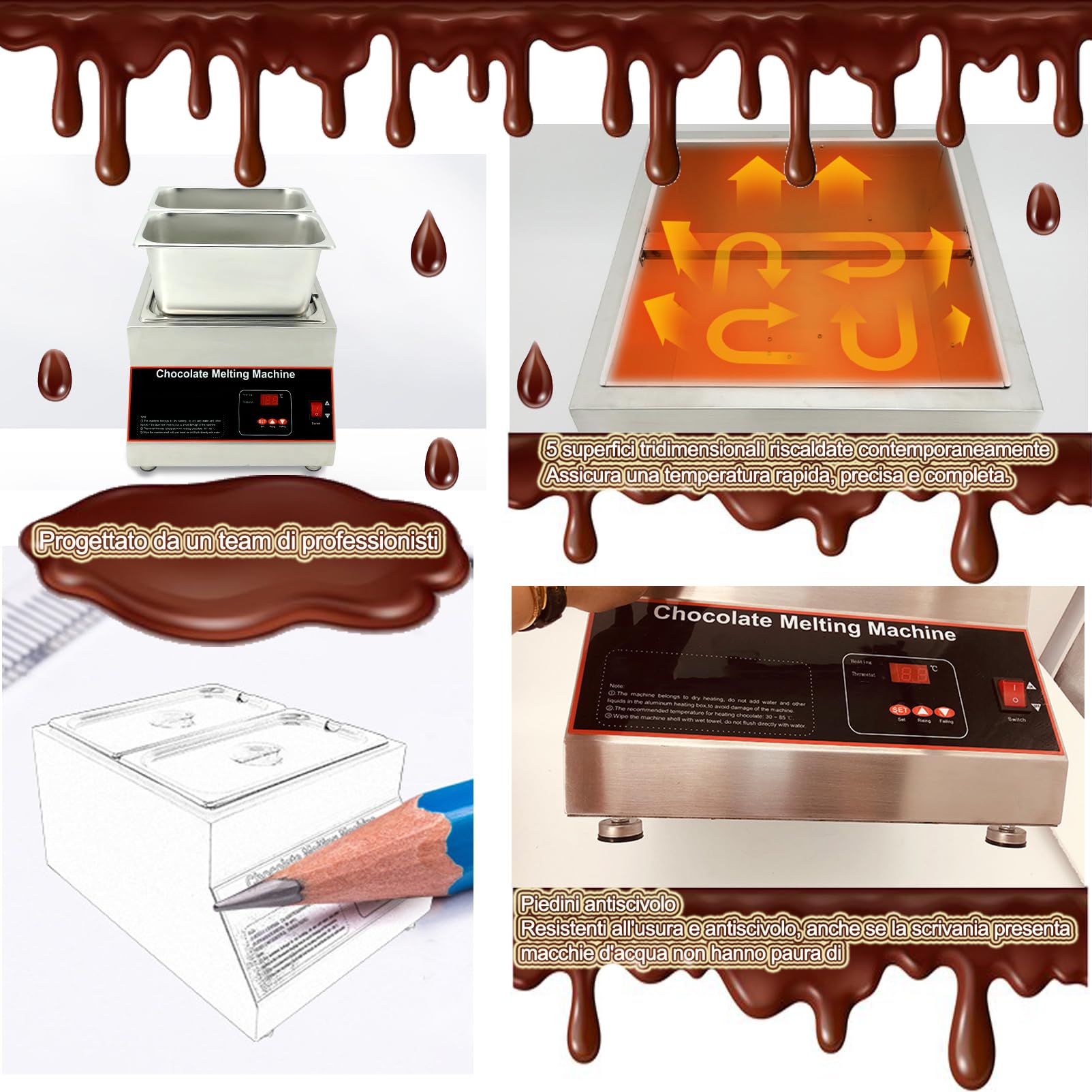 Temperatrice cioccolato, Macchina per fusione di cioccolato, Non è necessario aggiungere acqua, controllo intelligente della temperatura con display digitale Isolamento continuo 6KG*2