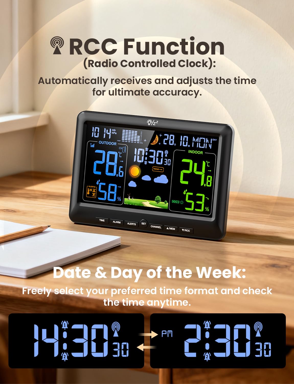 LIORQUE Weather Stations with Outdoor Sensor Wireless for Home, Indoor Outdoor Thermometer Hygrometer, Humidity, Barometric Pressure, Date, Weather Forecast — view 5