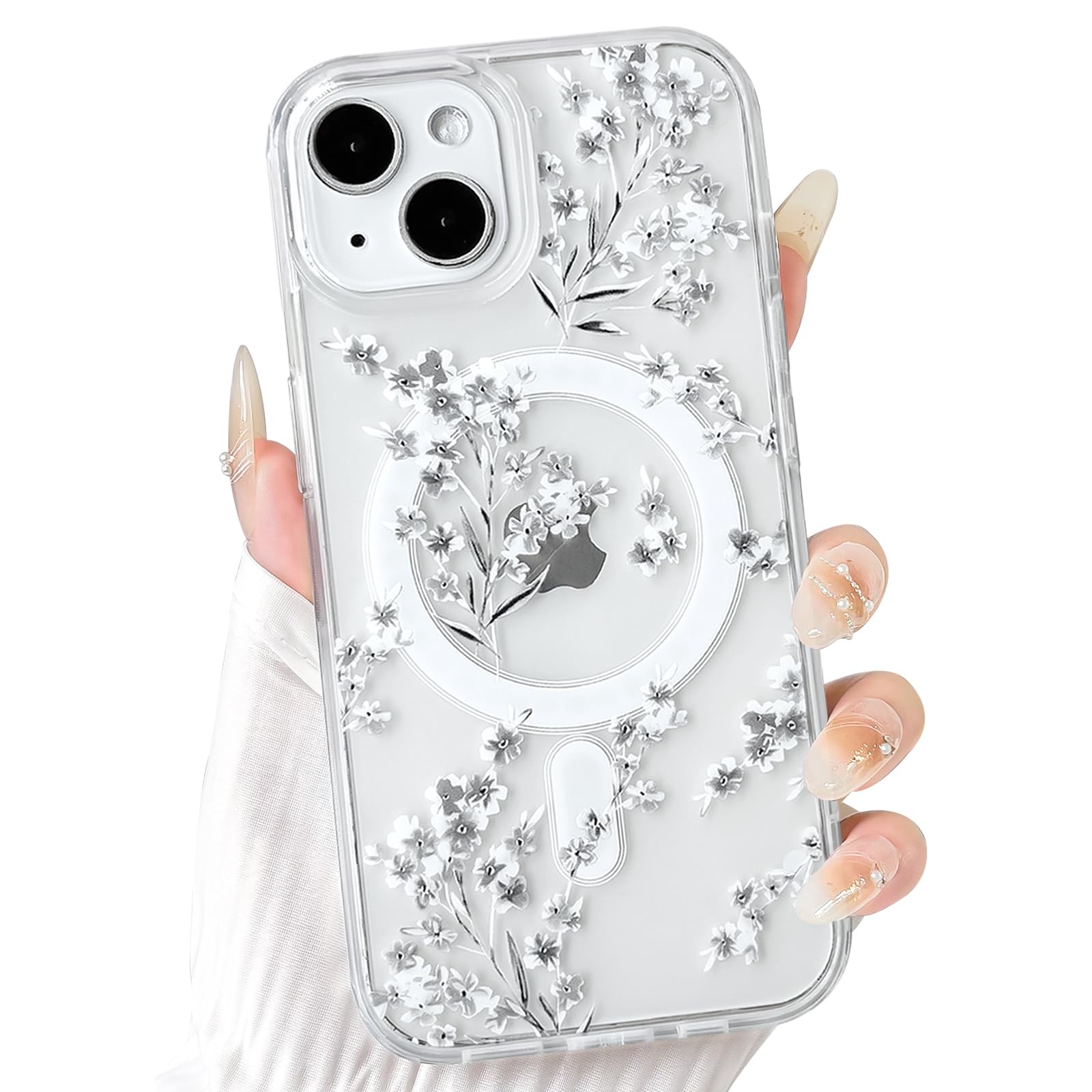NITITOP Compatible with iPhone 13/14 Case Clear Magnetic Compatible with MagSafe Cute Flowers Floral Leaves for Women Girls Hard PC Back Shockproof