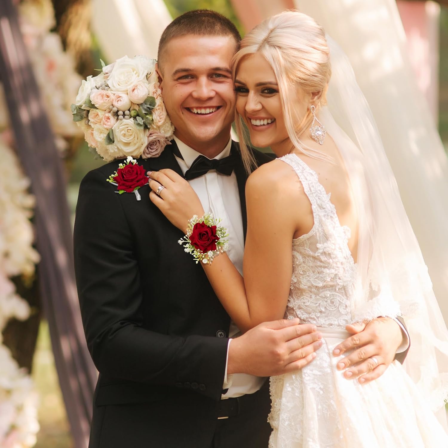 2pcs White Rose Corsage and Boutonniere Set Pearl Wristband Bracelet Artificial Corsage Brooch,Wedding Bouquet for Bride and Groom for Wedding Prom Party Corsage Wristband Flower Accessories Decor - Image 6