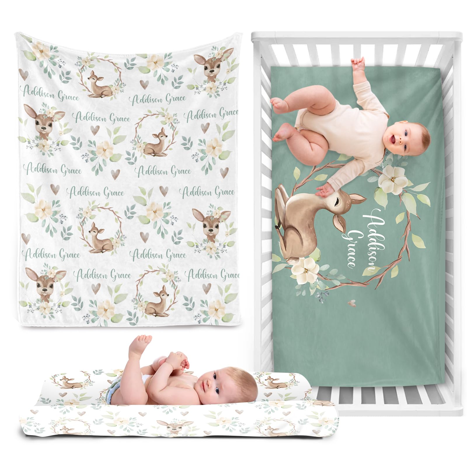 Personalized boy Crib Bedding Set for Infant Baby: Custom Name Nursery Decor Deer Green Baby Blanket Fitted Crib Sheet Changing Pad Cover 3 Pcs(Fixed Size)