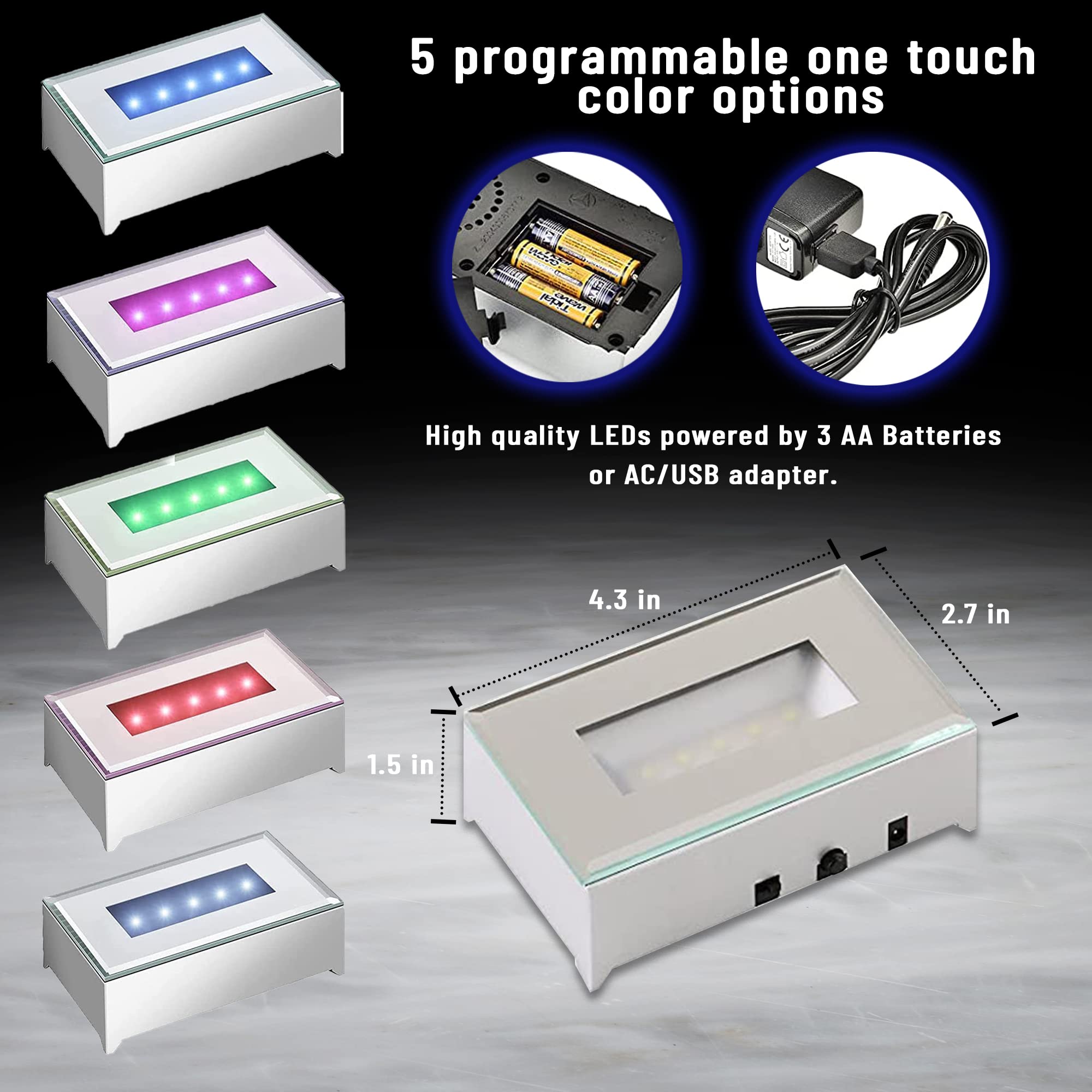 5 cokołów świetlnych LED, programowalny, szczotkowany, srebrny, zasilany prądem zmiennym i USB, do sztuki ze szkła kryształowego 3D, podstawy świetlne, podświetlany uchwyt, podświetlany