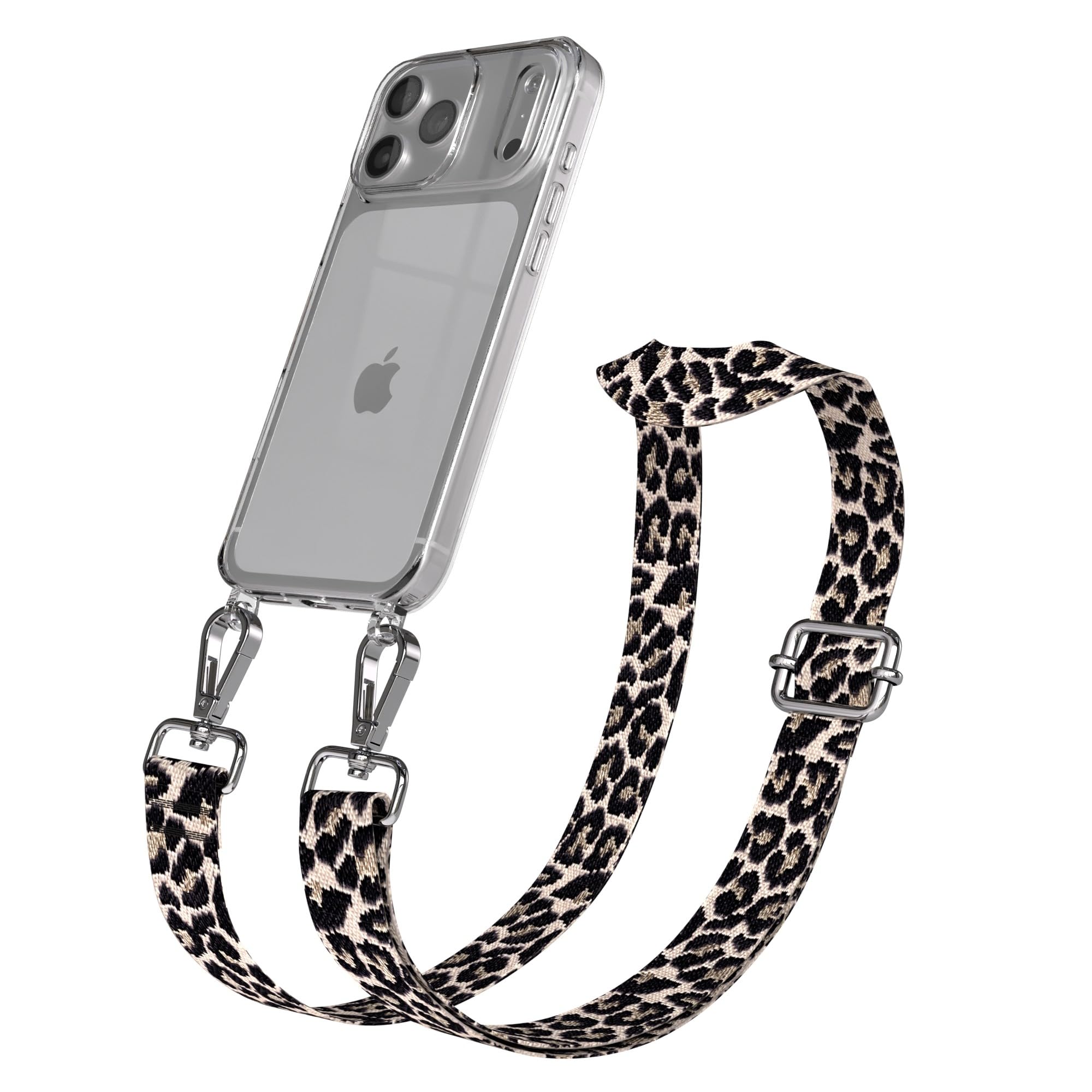 EAZY CASE Handykette - Verstellbares Taschenband, Silikon-Hülle, Leo Schwarz-Beige Metall-Silber