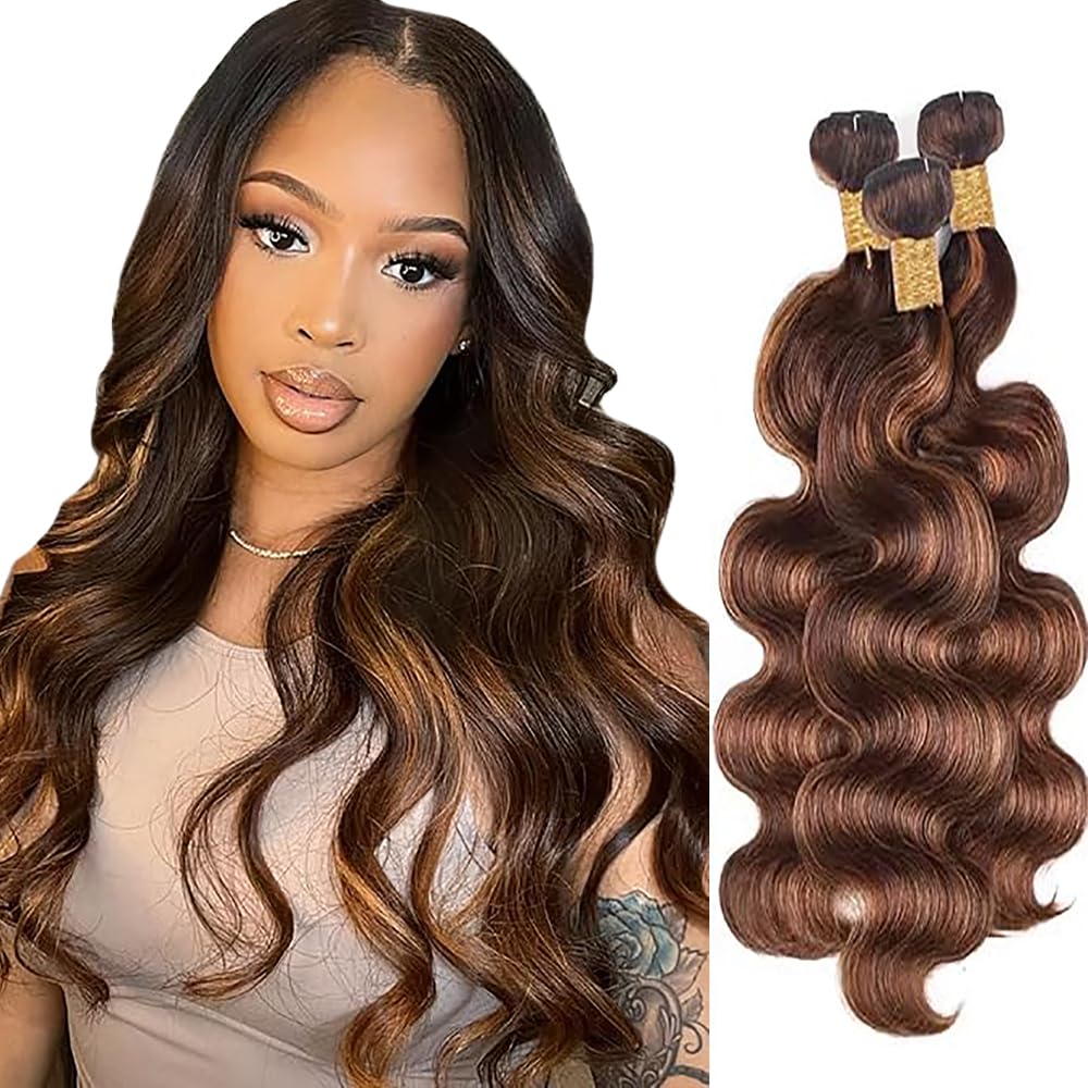 Body Wave Human Hair Bundles Echthaar Tressen Bündel Menschliches Haar Human Hair Extensions Double Weft Weave 50g/Piece Highlight Brown P4/30 Color 26 28 30 Zoll