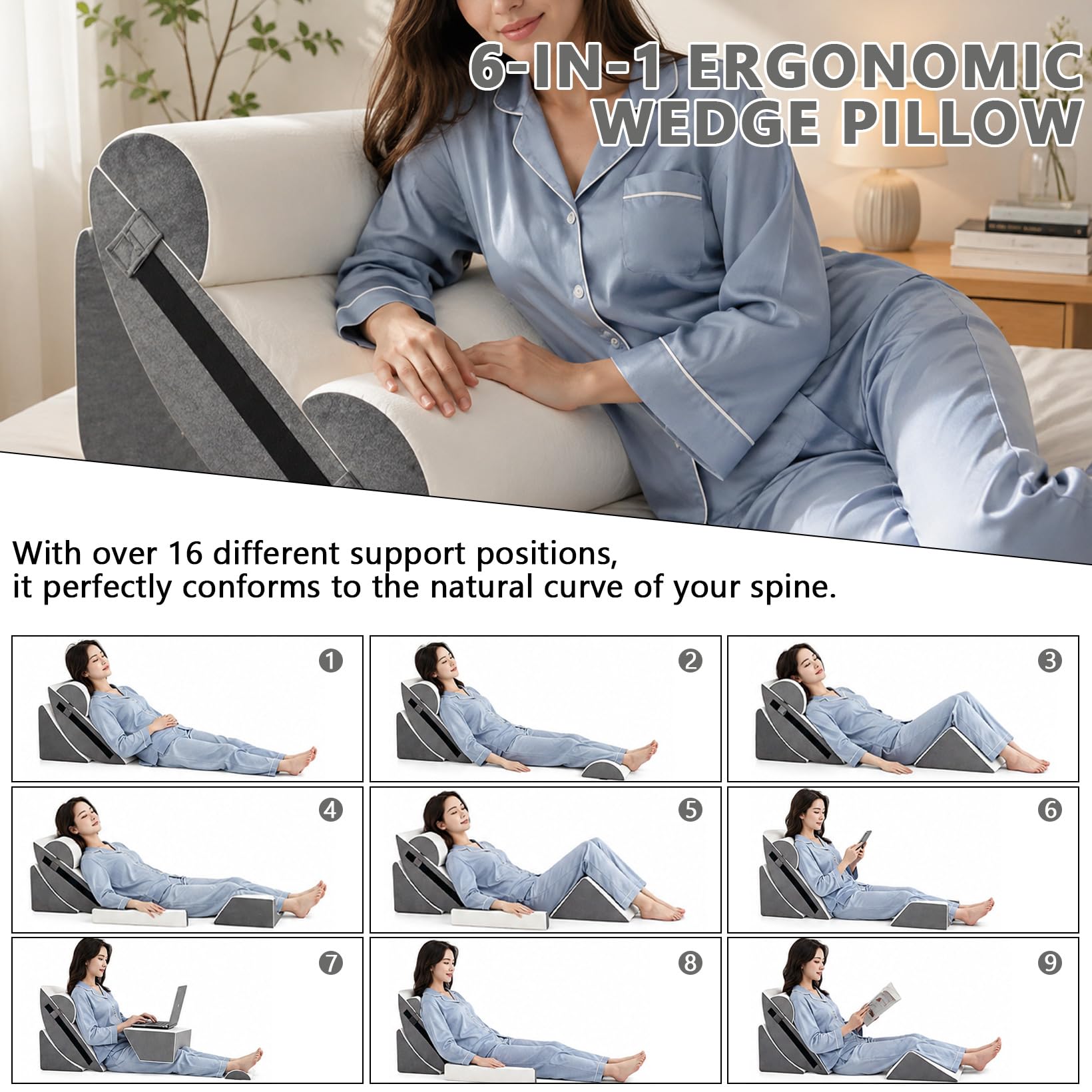 Juego de 6 almohadas ortopédicas en cuña para cirugía postal, almohada de apoyo para dormir, cojín triangular, almohada de espuma viscoelástica para ardor de estómago, alivio del dolor, elevación de